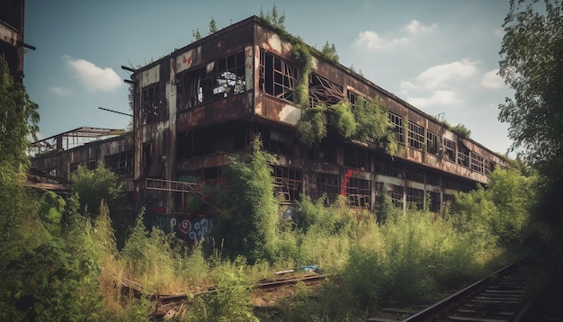 Opuszczona stara fabryka zrujnowana przez zniszczenie natury generowane przez sztuczną inteligencję