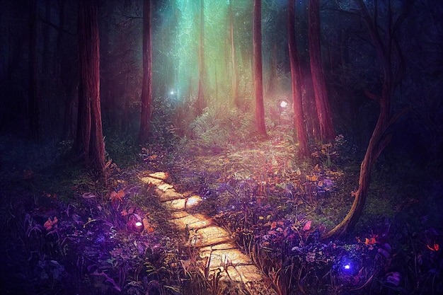 Opuszczona stara ścieżka w tajemniczym zaczarowanym leśnym ogrodzie zmierzchu nad mistycznym zmierzchem enigmatyczna ścieżka