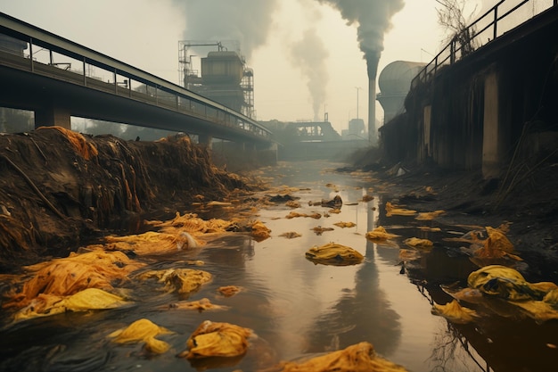 Opuszczona strefa przemysłowa z zanieczyszczeniem rzek dymnych i odpadami w mieście