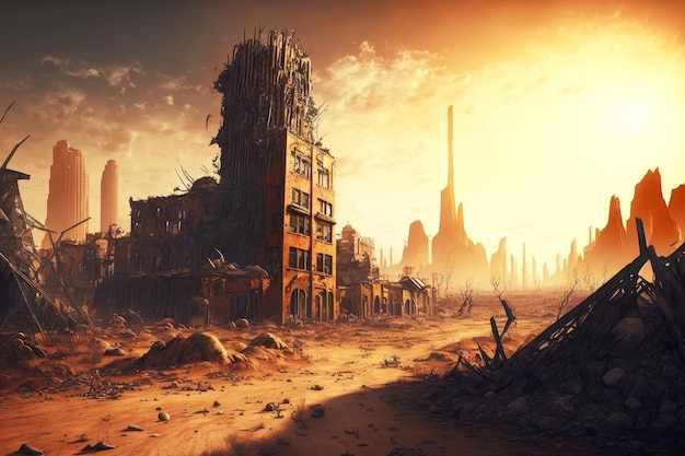 Opuszczone miasto na tle zachodzącego słońca z pustymi ulicami