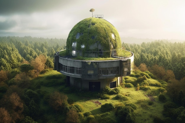 Opuszczone obserwatorium z bujnym zielonym lasem