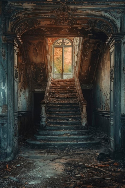 Opuszczone schody rezydencji z dramatycznym światłem przez drzwi