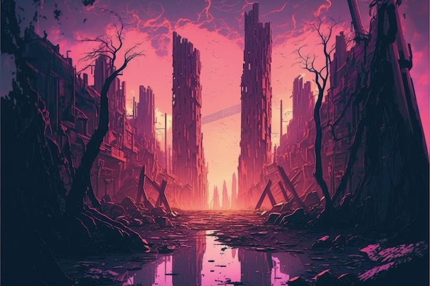 Opuszczone struktury w futurystycznej metropolii podczas zachodu słońca krajobraz science fiction Koncepcja fantasy Malarstwo ilustracyjne Generative AI