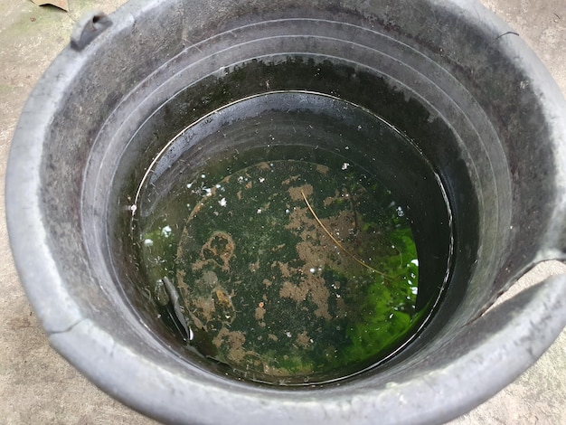 Zdjęcie opuszczone wiadro z brudną wodą jako miejsce rozmnażania komarów pełne larw problem środowiskowy