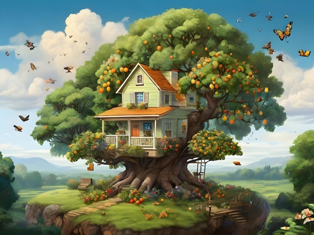 Zdjęcie opuszczony dom na drzewie w środku stepy magiczny dom na starym drzewie