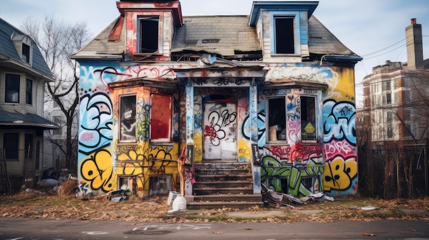 Opuszczony dwupiętrowy dom pomalowany graffiti