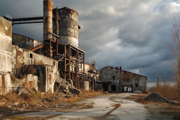 Opuszczony krajobraz przemysłowy Opuszczone terytorium pod ponurym, pochmurnym niebem w Chorwacji