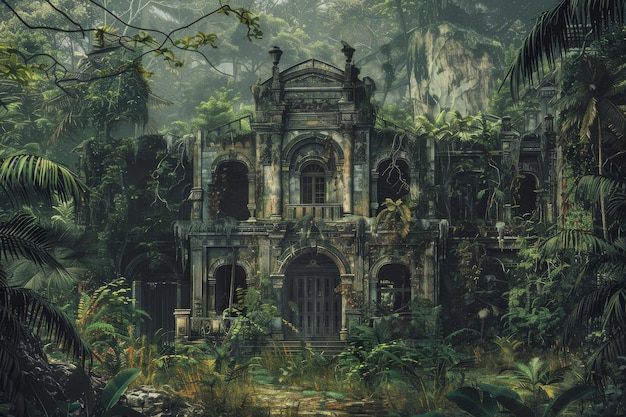 Opuszczony pałac w dżungli, zabytkowy obraz, zrujnowany hotel w głębokim lesie.