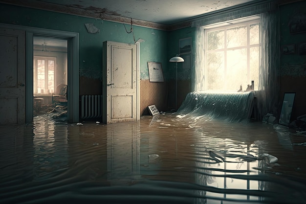 Zdjęcie opuszczony pokój z brudną wodą na podłodze w zalanym wnętrzu mieszkania stworzonym za pomocą generatywnej ai