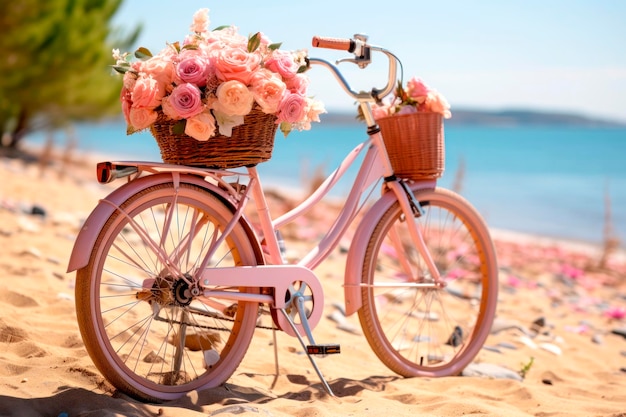Opuszczony różowy rower stojący na piaszczystej plaży nad morzem