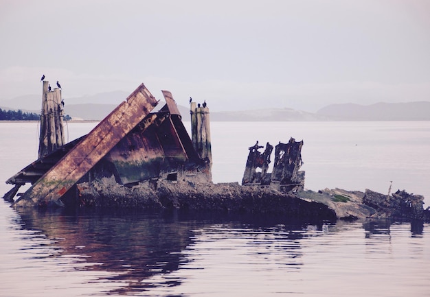 Zdjęcie opuszczony statek w jeziorze na tle nieba