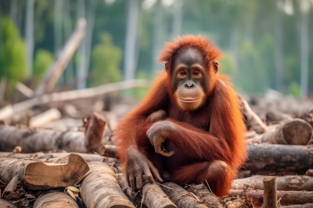 Orang Utan siedzący na szczycie stosu kłód w leśnej sztucznej inteligencji