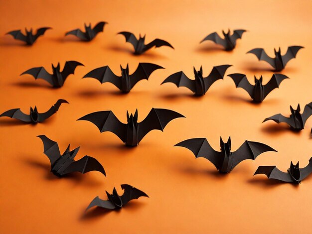 Zdjęcie orange background with a flock of black paper bats for halloween halloween concept