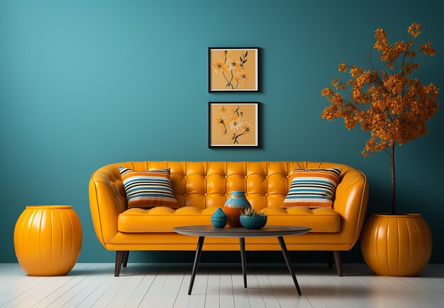 Orange_loveseat_sofa_and_barrel_chair_against_of_blu