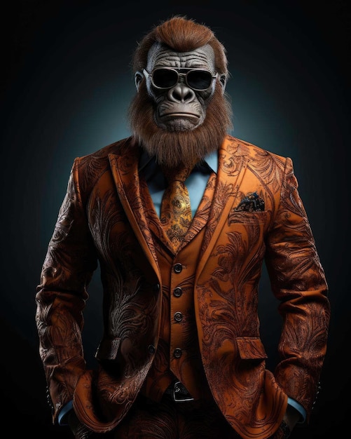 Zdjęcie orangutan 3d z ludzkim ciałem wyglądającym poważnie w garniturze z dramatycznym tłem studyjnym
