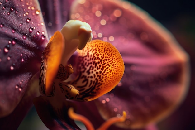 Orchidea w rozkwicie kroplami wody na płatkach Uderzające makro strzał z orchidei Generative AI