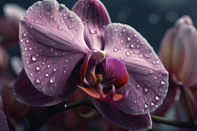 Orchidea w rozkwicie kroplami wody na płatkach Uderzające makro strzał z orchidei Generative AI