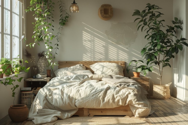 Organic Minimalist Bedroom Mockup Minimalistyczna sypialnia z organicznymi elementami naturalnymi, takimi jak drewno