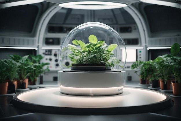 Organiczna farma warzywna hydroponiczna fabryka roślin warzywnych futurystyczna roślina Pomieszczenie laboratoryjne hydroponiki na statku kosmicznym z okrągłym podium