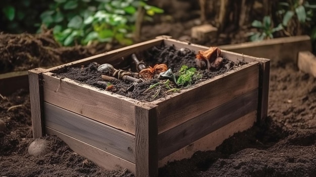Organiczna gleba na kompost w drewnianym pudełku w ogrodzie, recykling naturalnych śmieci Robaki ziemne i śmieci biodegradowalne
