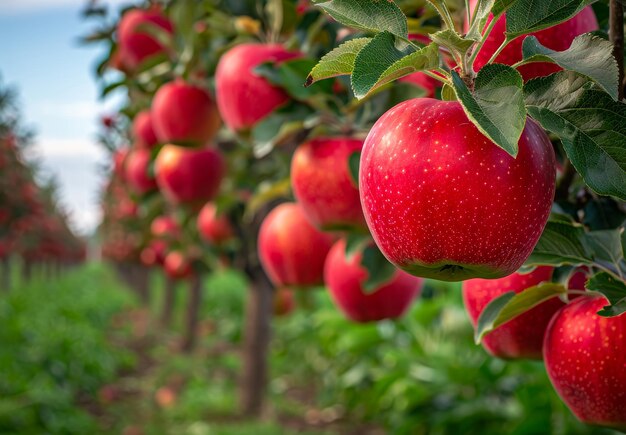 Organiczne czerwone dojrzałe jabłka na drzewie owocowym z zielonymi liśćmi