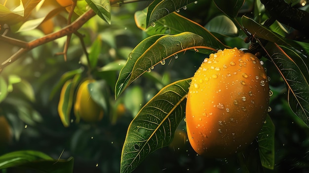 Organiczne drzewo mango z garstką dojrzałych, pysznych owoców na bujnym zielonym tle natury