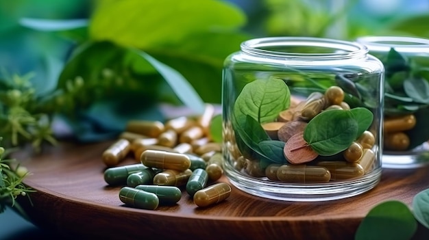 Organiczne kapsułki ziołowe medycyny alternatywnej z witaminami i minerałami oraz leki z liśćmi ziół to naturalne suplementy dla zdrowego generatywnego organizmu