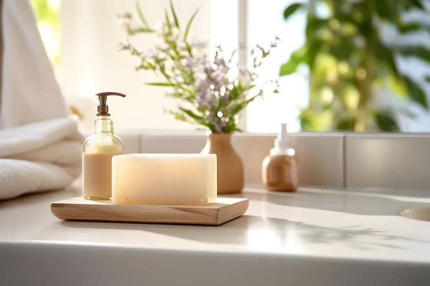 Zdjęcie organiczne mydło domowe z bliska w pobliżu zlewu w lekkiej łazience selektywne skupienie spa lub koncepcja piękna generowane ai