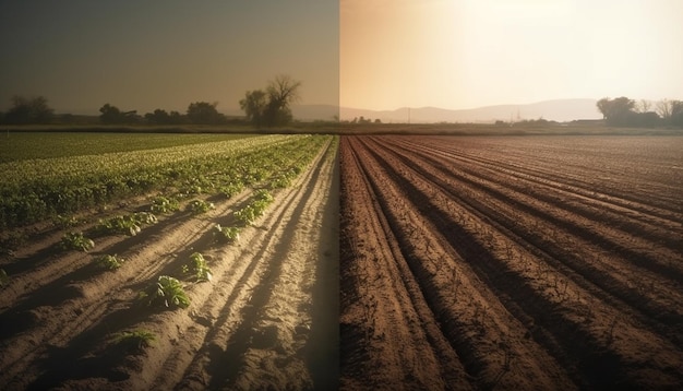 Organiczne zbiory pszenicy dojrzałe łąki pod zachodem słońca generowane przez AI