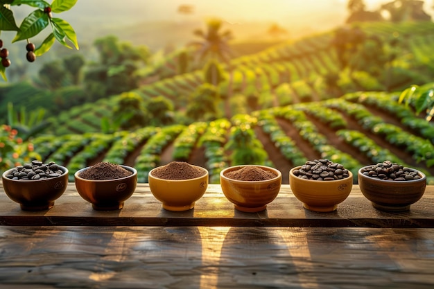 Organiczne ziarna kawy i zmielona kawa w miskach z widokiem na bujną plantację o wschodzie słońca
