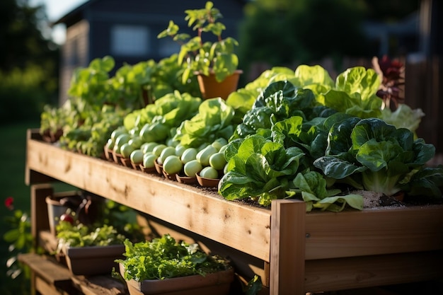 Organiczny drewniany ogród warzywny z podniesioną generatywną sztuczną inteligencją