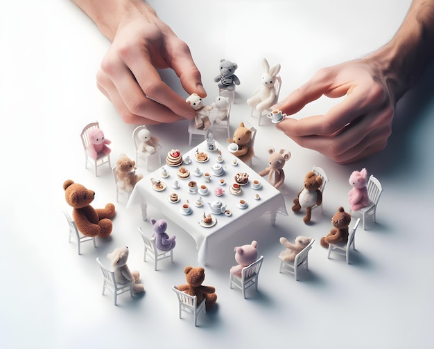 Organizowanie imprezy herbaty dla wypchanych zwierząt Stół jest ustawiony z małymi zestawami herbaty miniaturowych ciast