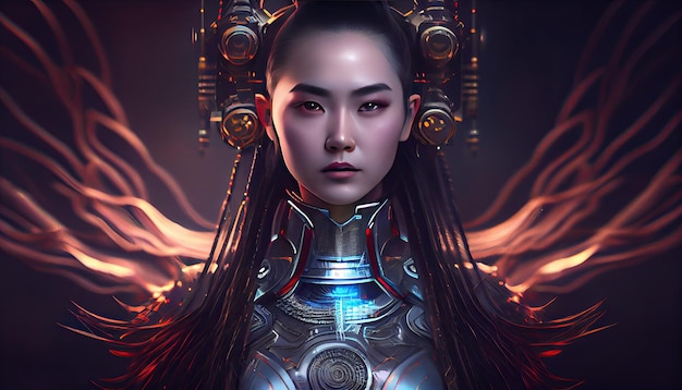 Orientalna cyberpunkowa wojowniczka fikcyjna postać oparta na sztucznej inteligencji