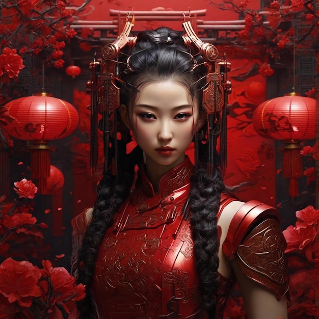 Orientalna dziewczyna w tradycyjnej czerwonej sukience cheongsam na tle orientalnej czerwonej latarni