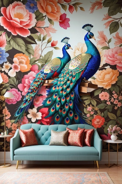 Orientalne bogactwo Urzekający mural z żywymi pawiami i wykwintnymi kwiatami
