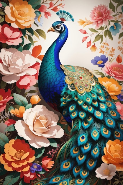 Orientalne bogactwo Urzekający mural z żywymi pawiami i wykwintnymi kwiatami