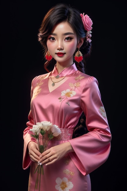 Orientalne chińskie piękno, tradycyjne, klasyczne, piękna dziewczyna ubrana w cheongsam, trzymająca kwiat róży