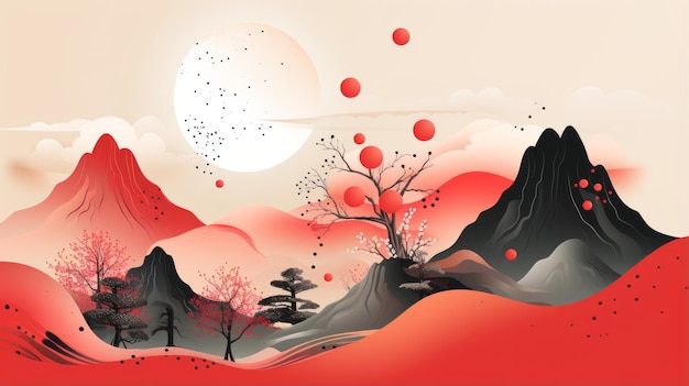 orientalny krajobraz z czerwonymi i czarnymi drzewami i górami