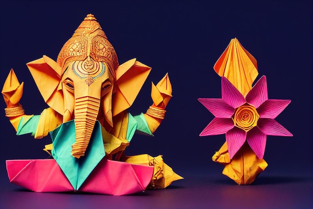 Origami indyjskiego boga Ganesha w kolorowych kwiatach