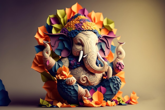 Origami indyjskiego boga Ganesha w kolorowych kwiatach