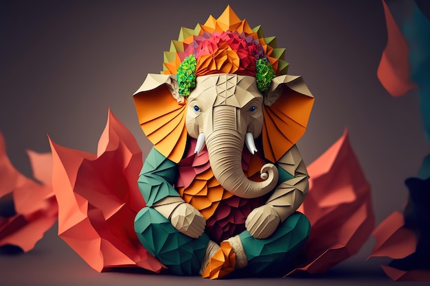 Origami indyjskiego boga Ganesha w kolorowych kwiatach