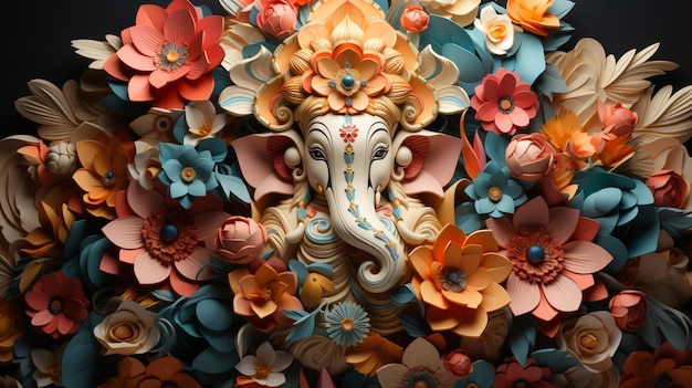 Origami indyjskiego boga Ganesha w kolorowych kwiatach