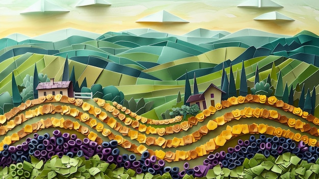 Origami Paper Town Countryside Vineyard Summer Essence (Origami papierowe miasto, wiejska winnica, letnia esencja)