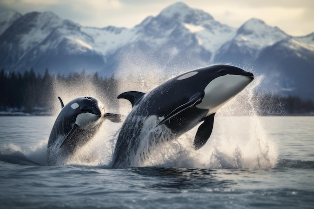 Orki włamujące się do wód Arktyki prawdziwe zdjęcie wieloryba zabójcy wygenerowane przez sztuczną inteligencję