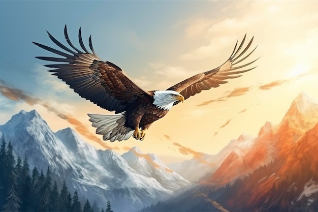 Orły latają dumnie po niebie z górami w tle