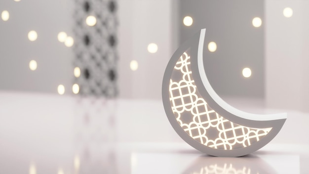 Ornament 3D Półksiężyc na niewyraźnym szarym tle bokeh