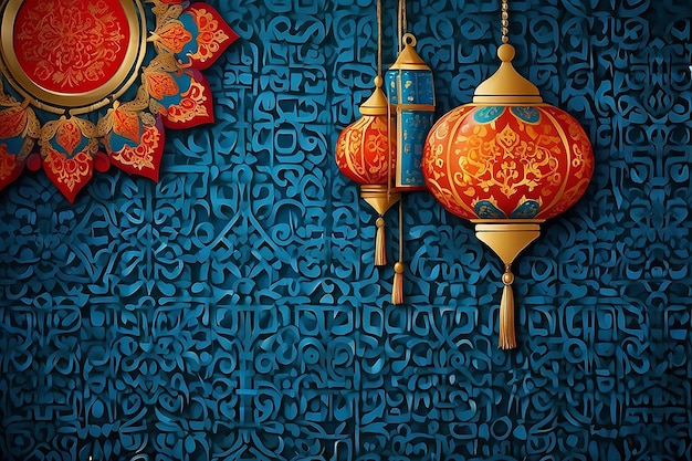 Ornamental Gong Xi Fa Cai Ramadan Mubarak Kareem Techno Festival Arabski Oriental Eid Al Fitr Powrót do Fitr w kolorowym niebieskim wzorze Tekstury Tło