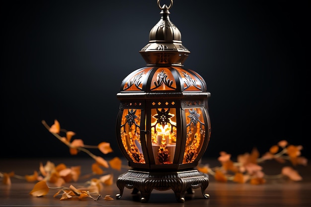 Zdjęcie ornamentalna arabska latarnia z płonącą świecą ramadan kareemai generowany