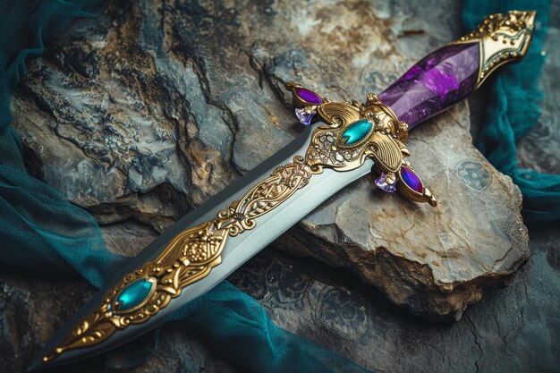 Zdjęcie ornate fantasy dagger na skalistej powierzchni