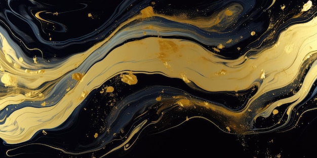 Ornate Liquid Swirls Pattern Blue Gold Glittring Texture Background Luxurious Banner with Copy Space for Text Oil Paint Pattern Generative AI Illustration (Ornament płynnych wirówek wzór niebieski złoty błyszcząca tekstura tło luksusowy baner z przestrzenią do kopiowania tekstu farba olejowa wzór generatywna ilustracja AI)